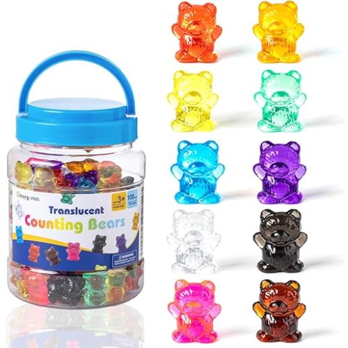 100 Pcs Translucent Counting Bears - 10 Colors - Kindergarten Classroom & Light Table Manipulatives, Counting & Color Sorting Toys for Toddler