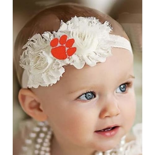 Clemson Tigers Baby Shabby Flower Hair Bow Headband - White