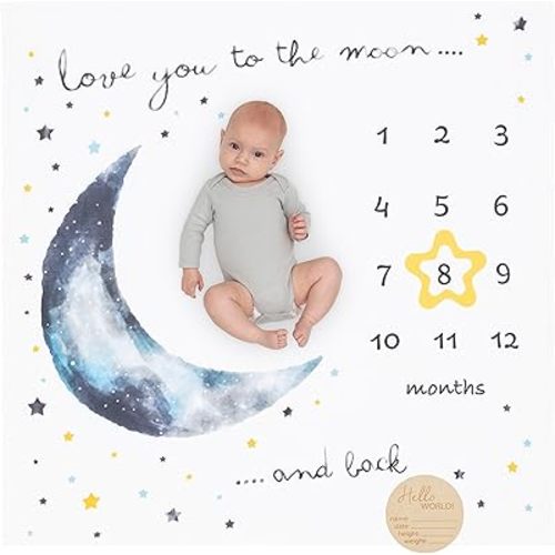 Pondering Pine Organic Baby Monthly Milestone Blanket Boy - Love You to The Moon and Back Blanket for Boys, Growth Chart for 1-12 Months Milestones, Gender Neutral, 47”x47”