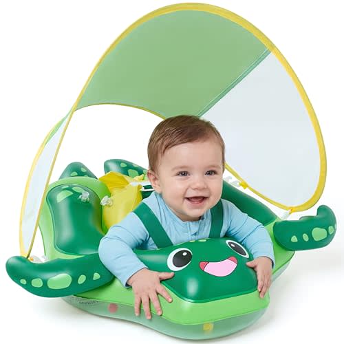 Sloosh Baby Swimming Floats with Removable Sun Canopy, Inflatable Baby Pool Float, Sea Turtle Design Infant Swim Float Ring Swimming Pool Accessories for Age 6-36 Months