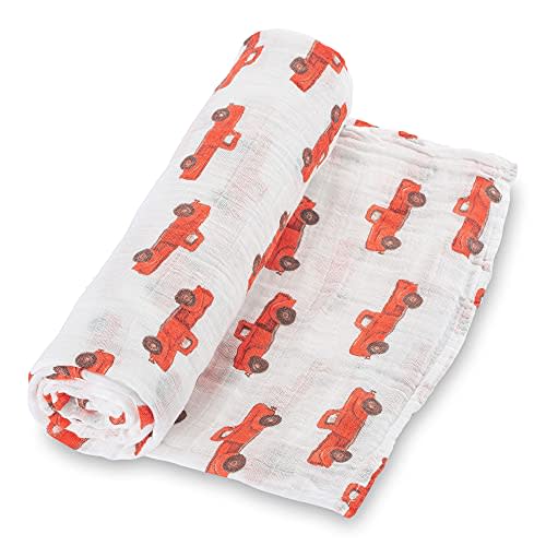 LollyBanks Muslin Swaddle Blanket, 100% Muslin Cotton Soft Baby Blankets for Boys, 47 X 47 Inches Breathable and Lightweight Baby Receiving Blankets, Newborn Essentials, Registry (Truck Print)