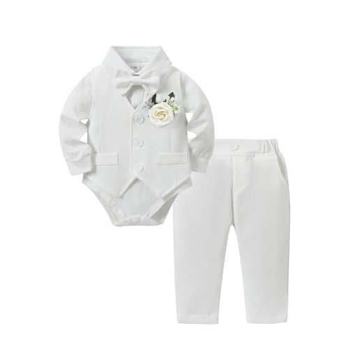 Baby Boy Clothes Suits Formal Gentleman Wedding Outfits 0-24M | Boy Suits With Shirt, Vest, Tie, Corsage, Pants , Baptism Clothing, 0-24M Formal Dress Shirt, Easter, Birthday, Christening