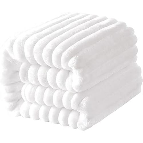 NTBAY Plush Flannel Baby Blanket, Soft and Warm Toddler Blanket with Striped Texture for Stroller, Crib, Travel, 30x40 Inches, White