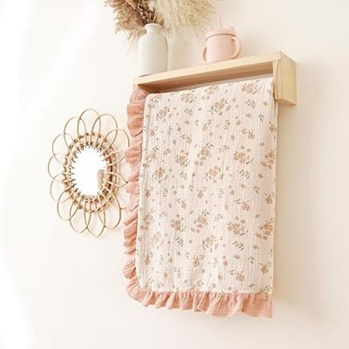 Konssy Flounce Muslin Baby Blanket for Girls Boys, 100% Cotton Soft Crib Swaddle Blankets, Reversible & Breathable Nursery Bedding for Newborns Toddlers, 40 x 36 Inches (Blossom)