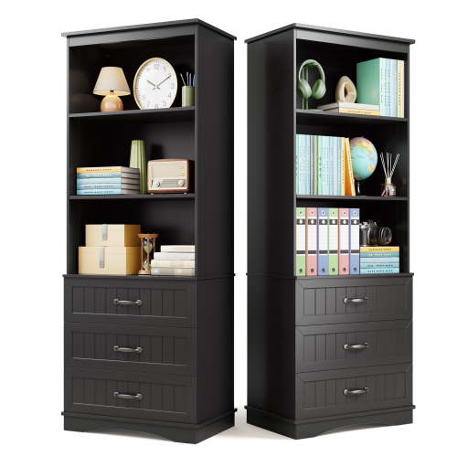 69.7" Tall Bookshelf, Lofka Bookcase with 3 Large Drawers, 3 Tier Storage bookshelf for Home Office, Living Room, Black