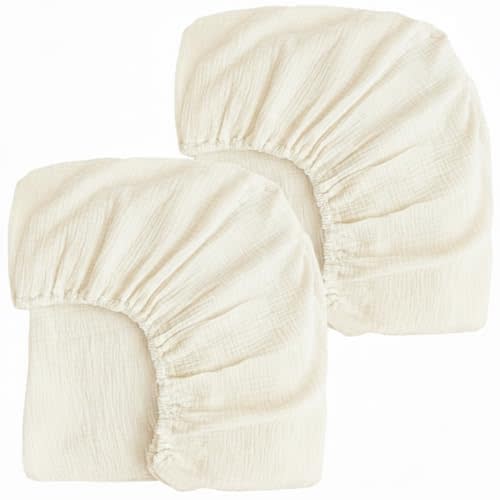 2 Pack Ivory Muslin Crib Sheets for Boys & Girl- Neutral Breathable Cotton Crib Mattress Sheets Fitted for Standard 28"x 52"- Nursery Décor No Slip Crib Bed Sheets