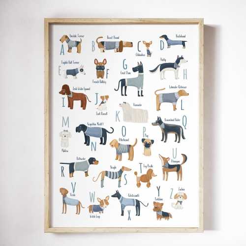 Custom Dog Breed Alphabet Print, Personalized Dog with blue clothes ABC Wall Art, Nursery Decor