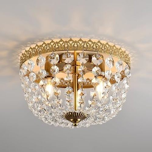 Crystal Flush Mount Ceiling Light Fixture 3 Lights French Empire Chandeliers Lighting for Dining Living Room Foyer Kitchen Bedroom Hallway Entryway,Brushed Brass Finish,W12.6 inch X H8.27inch