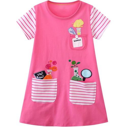 FreeLu Toddler Girls Striped Summer Dress Cartoon Appliques Dresses Girls Cotton Casual Clothing 2-7Y