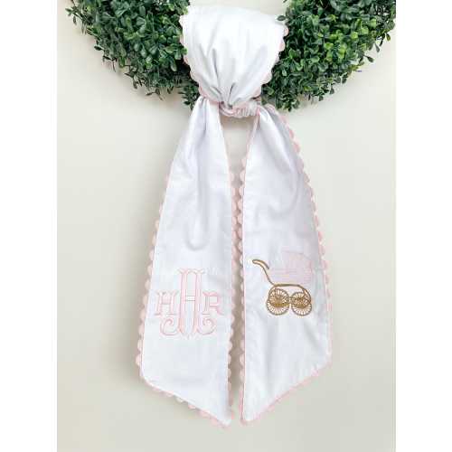 Front Door Embroidered Baby Carriage Wreath Sash with Monogram, Pink Ric Rac Trim