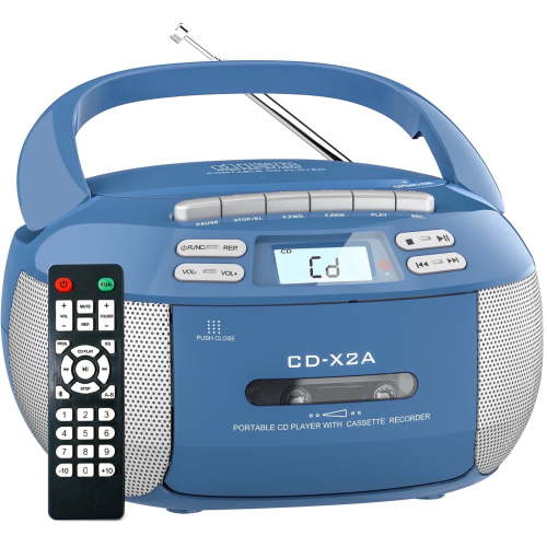 Jazmm Portable CD Player Cassette Boombox with Bluetooth Radio AUX USB Earphone Support in Blue