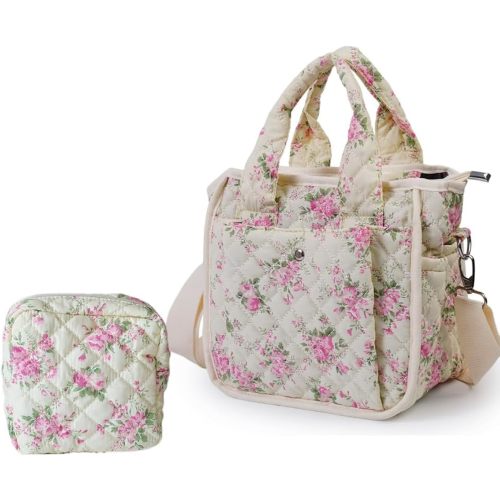 Small Floral Quilted Tote Bag for Women, Cute Crossbody Shoulder Purse with Pockets, Everyday Handbags