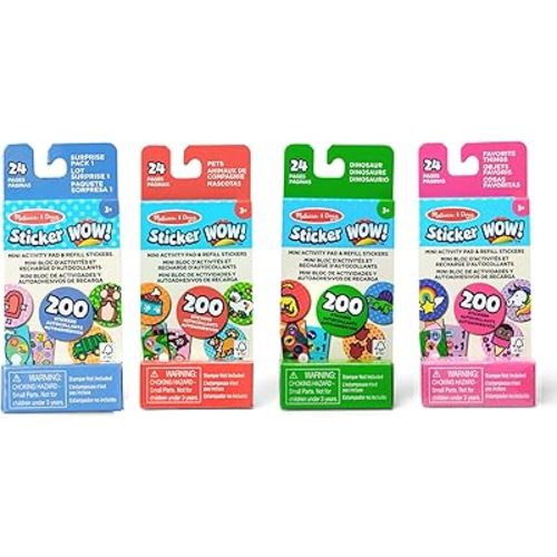 Melissa & Doug Sticker Wow!™ Mini Activity Pad and Refill Stickers 4-Pack (Dinosaur, Pets, Favorite Things, Surprise Pack 1) – 200 Stickers Each (800 Total) for Any Sticker Stamper (Not Included)