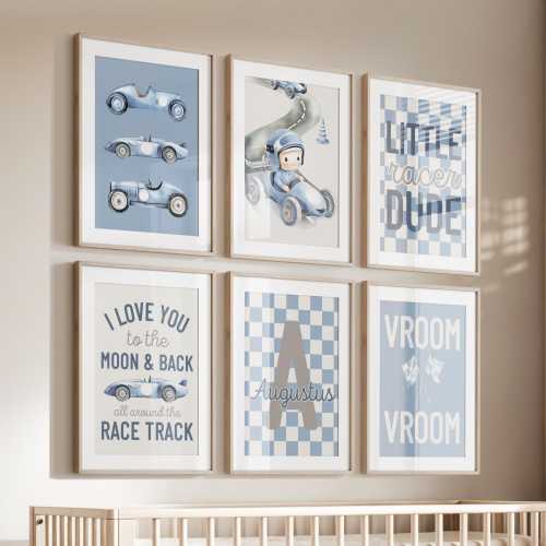 Racing Car Nursery Prints: Blue Boys Room Decor (Digital Download)