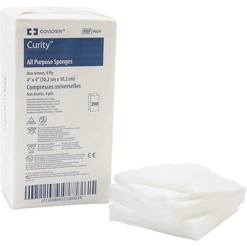 Covidien 9024 Curity Non-Woven All-Purpose Sponge, Non-Sterile, 4" W x 4" D 4-Ply, (Pack of 200)