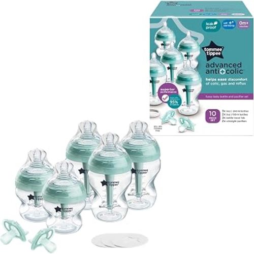 Tommee Tippee Advanced Anti-Colic - Juego de 10 piezas de biberones y chupetes anticólicos, biberones sin BPA de 5 y 9 onzas, para recién nacidos a partir de 0+ meses, tetinas de flujo lento y medio