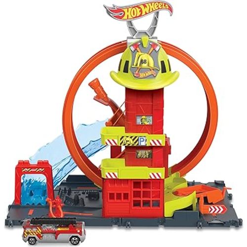Hot Wheels City with 1 Toy Car, Kid-Powered Elevator, Water-Like Ramp, Track-Play Features, Connects to Other Sets, Fire Station with Super Loop (Amazon Exclusive)