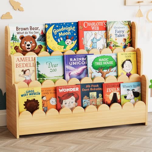 SpaceAid 3-Tier Scalloped Bookshelf, Montessori Bookcase for Toddlers, Wooden Book Shelf Organizer Display Furniture for Kids Rooms, Playroom, Nursery and Classroom, 36.7“ Wide, Natural