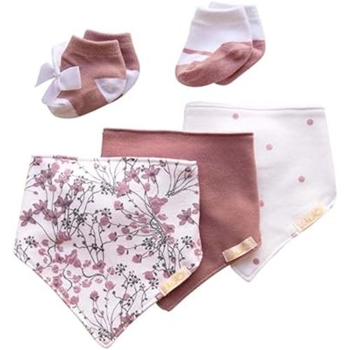 Lila and Jack - 5 Pack Bandana Bib and Sock Set, Ages 0-6 Months (Pink Floral)