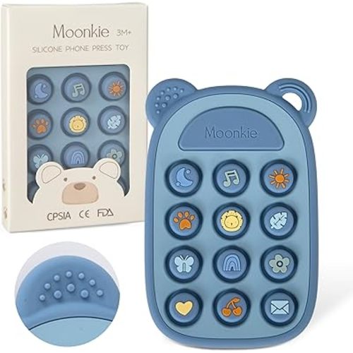 Moonkie Silicone Press Phone Teething Toy for Baby 3 Months+ | Soft BPA-Free Teether with Icon & Number Pop Bubbles | Ideal Gift for Baby Boys