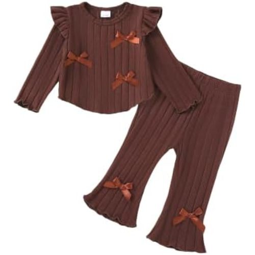 Mikrdoo Baby Girl Clothes Fall Winter Outfits Ruffle Ribbed Long Sleeve Top Flare Pants Clothing Set for Toddler Girl 6M-3T