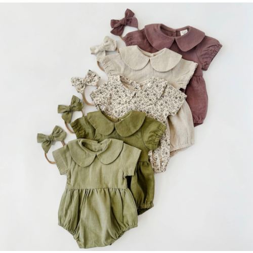 Peter Pan Collar Linen Bubble Romper + Bow | Allie – Olive and Cradle