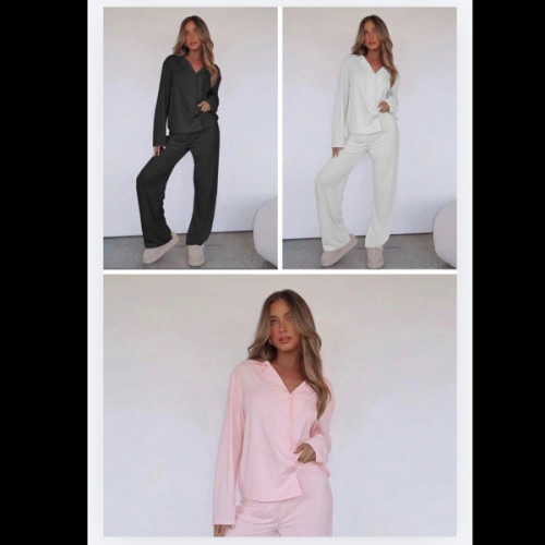 Women Fall And Winter Home Comfort Two Pieces Long-Sleeved Lapel Single-Breasted Top Straight Pants Solid Color Loose Casual Suit | SHEIN USA
