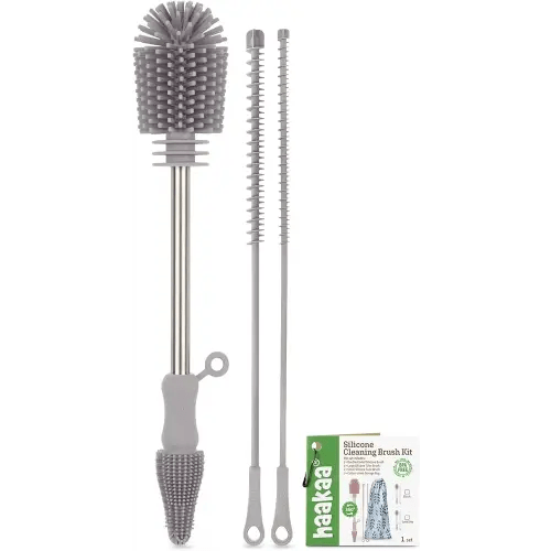 haakaa Silicone Cleaning Brush Kit - SUVA Grey - Bottle Brush for Breast Pumps, Breast Milk Collector, Baby Bottles, Nipples, Breastmilk Storage Bags