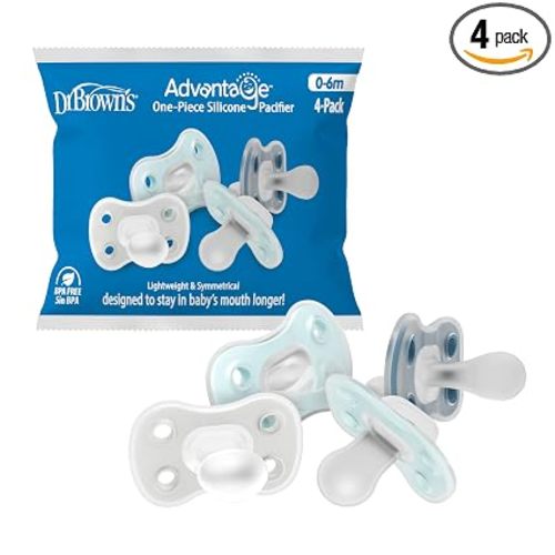 Dr. Brown's Advantage One-Piece Silicone Baby Pacifier, Fully Symmetrical Soother, Blue/Gray/Light-Blue, 0-6M, BPA-Free, 4-Pack
