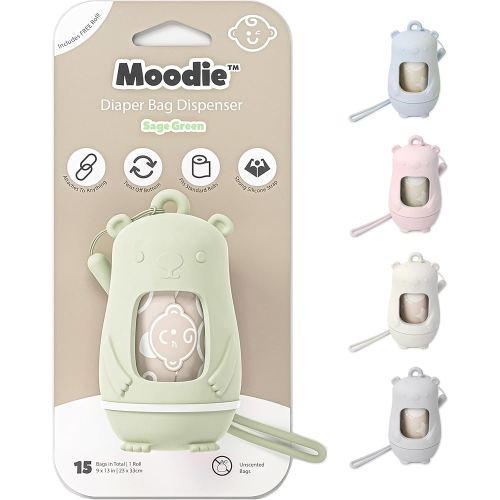 Teddy Bear Diaper Bag Dispenser | Diaper Trash Bags on the Go Dispenser w/Silicon Strap | 15 UNSCENTED Baby Poop Bags per Roll | Dirty Diaper Bags Disposable | Diaper Waste Bags (GREEN)