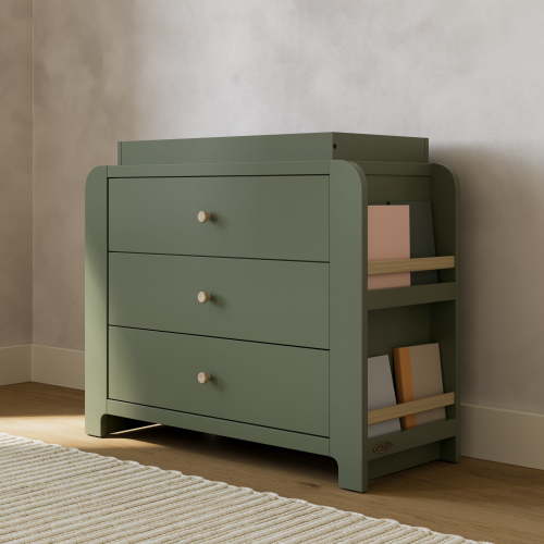 Graco Read-with-Me 3 Drawer Chest with Bookshelves and Removable Changing Topper, Olive with Driftwood