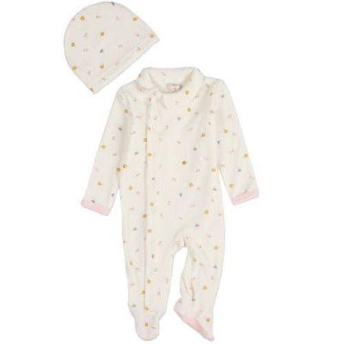 MiniMoi 2 Piece Baby Girls "Lily Of The Valley" Cotton Rich Velour Footie Set Marshmallow 6-M