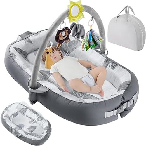 Portable Baby Lounger for Travel,Breathable & Comfortable 100% Cotton Infant Lounger, Baby Nest 0-24 Months Machine-Washable Newborn Lounger,Newborn Essentials (Gray)