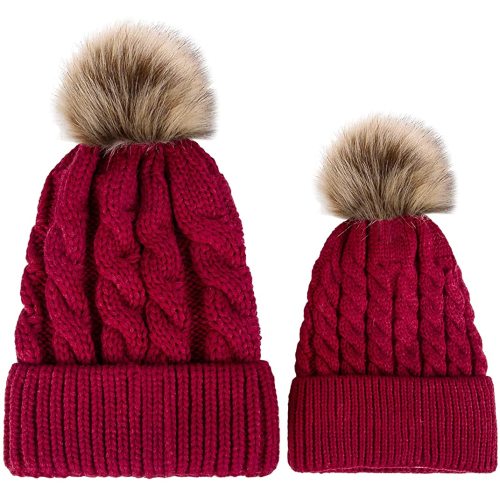 2 Pack Parent-Child Winter Hats for Women Warmer Soft Mom Baby Knit Hat Set Slouchy Beanie with Pom Pom