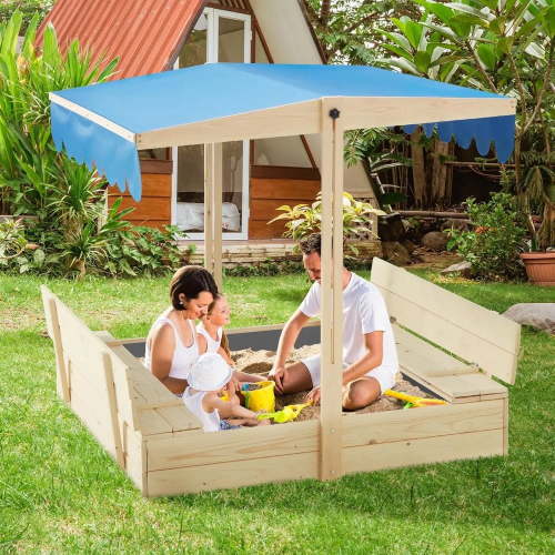 HOMMOW Wooden Sandbox with Lid, with Adjustable Canopy for Outdoor, Blue
