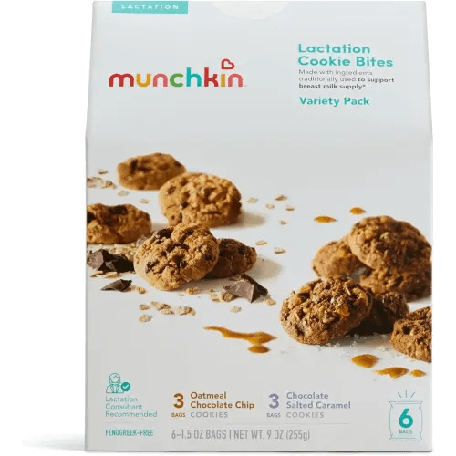 Munchkin Lactation Cookie Bites Variety Pack - Helps Increase Milk Supply for Nursing/Breastfeeding/Pumping Moms, 3 Oatmeal Chocolate Chip, 3 Chocolate Salted Caramel, 6 Pack