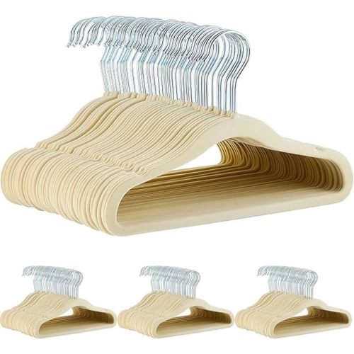 Amazon Basics Kids Velvet, Space Saving, Non-Slip Clothes Hangers for Infant and Toddler, Durable, 11.6 inches (for Baby Clothes), Pack of 50, Beige