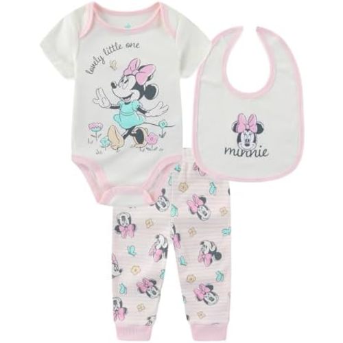 Disney Minnie Mouse Baby Girls Bodysuit with Bib and Pants 3 Piece Set for Newborn Infants