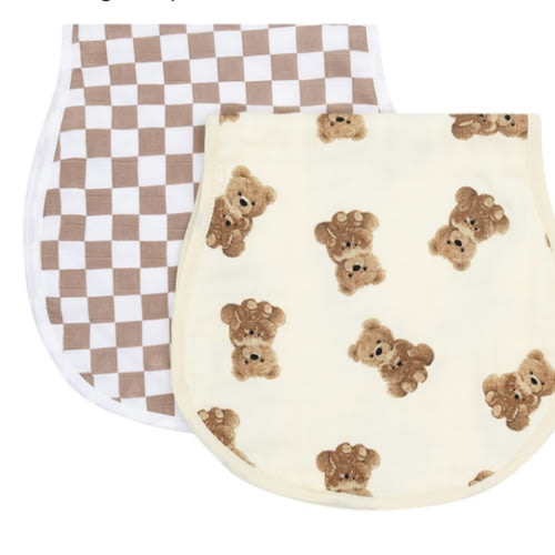 LifeTree Muslin Baby Burp Cloths - 2 Pack 70% Viscose from Bamboo and 30% Cotton Large 22'' by 10'' Absorbent Milk Spit Up Rags - Burping Cloths for Newborn, Girls Boys, Bear and Checkered