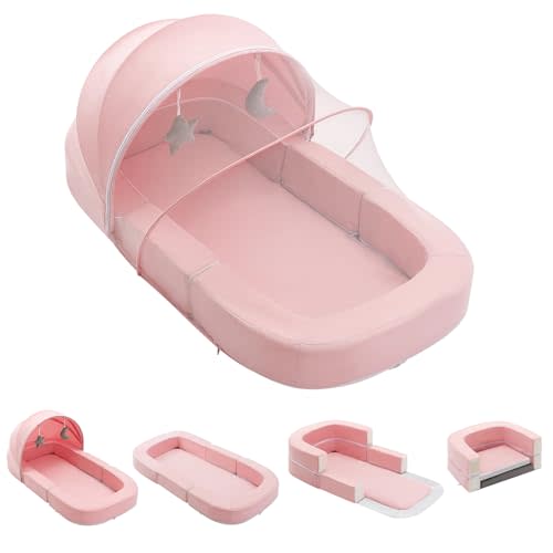 DAOLUAN Baby Travel Bassinet Bed & Chair, Fold Out Sofa Couch Lounger with 2-1 Mosquito & Canopy, Foldable Portable Travel Cot with Foam Raised Safety Bumpers for Infant Toddlers (Pink)