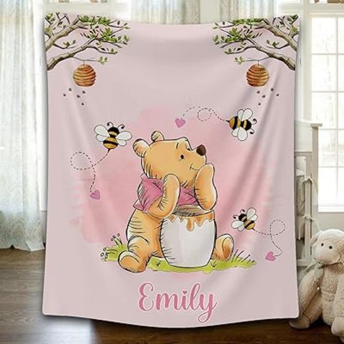 Customizable Pooh Bear Blanket for Girls Boys, Classic Bear Pooh Throw Blanket for Baby, Blankets, Birthday, Personalized Nursery Décor, Soft Cozy Swaddle - 01