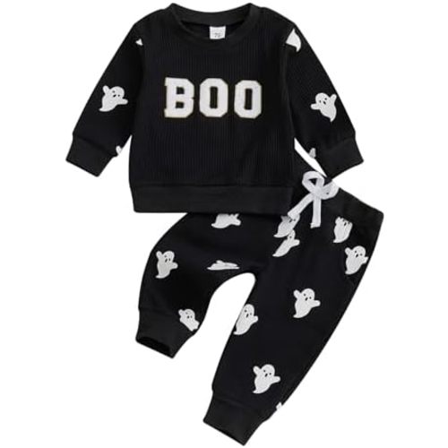 Toddler Boy Girl Halloween Outfit Embroidery Boo Crewneck Sweatshirt Ghost Pants Set Baby Fall Winter oversize Clothes