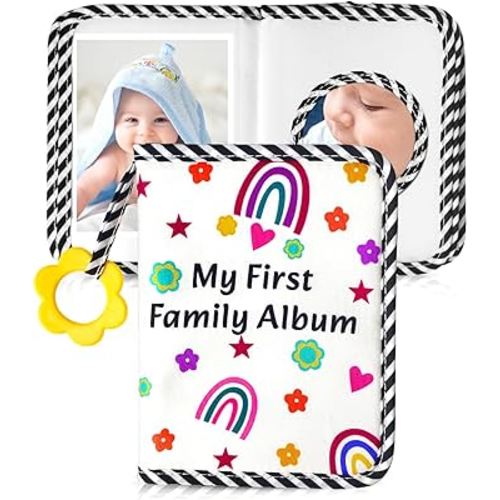 Baby Photo Album, My First Family Photo Album for Baby Holds 17 4 x 6" Pictures, Rainbow Toddler Photo Album with Safety Mirror, Soft Baby Books
