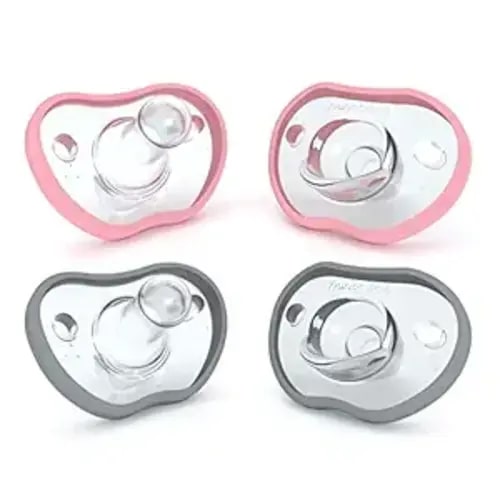 Nanobebe Baby Pacifiers 0-3 Month - Orthodontic, Curves Comfortably with Face Contour, Award Winning for Breastfeeding Babies, 100% Silicone, Baby Registry Gift 4pk,Pink/Grey