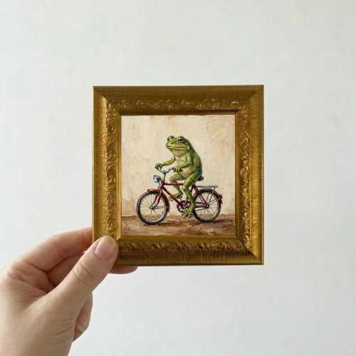 Funny Frog Riding Bicycle Oil Painting Small Framed Canvas Wall Art