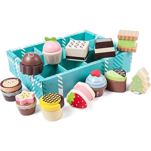 13pcs Wooden Dessert Set Toddler Pretend Play Toy Food, Sweets Playset with Muffin, Cupcake, Chocolate Cake & Roll, Kids Food Toys Play Kitchen Accessories Boys and Girls Birthday Gift