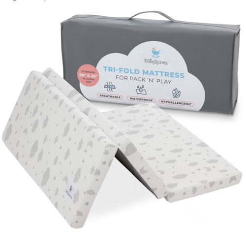 Babylicious Waterproof Pack and Play Mattress Topper | 38" x 26" x 1.5" | Trifold Style - Breathable Soft Plush Foam - Portable Mattress Topper- Baby Foam Mattresses for Babies