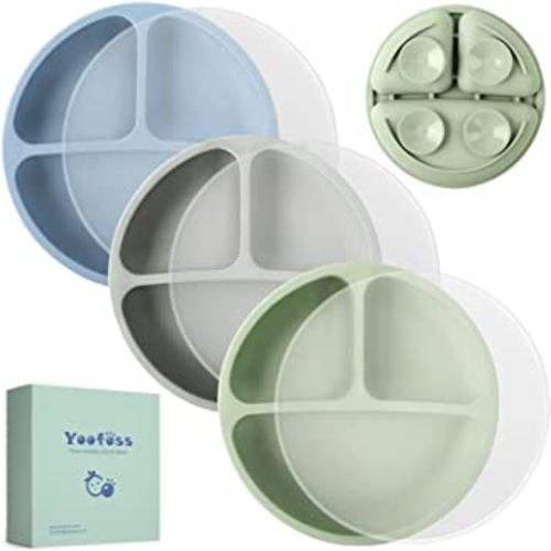 Yoofoss Toddler Plates with Lids - Suction Plates for Baby - 100% Silicone Baby Plates 3 Pack - BPA Free - Microwave and Dishwasher Safe - Divided Design - Blue,Green&Grey