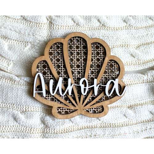 Rattan Seashell 3D Name Plaque, Personalized Baby Name Sign for Ocean Themed Nursery, Nautical Name Announcement Shell Keepsake for Photos