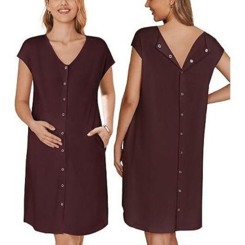 Ekouaer Labor/Delivery/Hospital Gown Nursing Nightgown Maternity Sleepwear With Pockets Postpartum Gowns with Button Maroon L